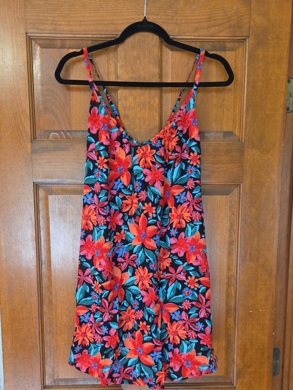 Roxy Black Floral Slip Dress with Red, Coral & Teal Accents